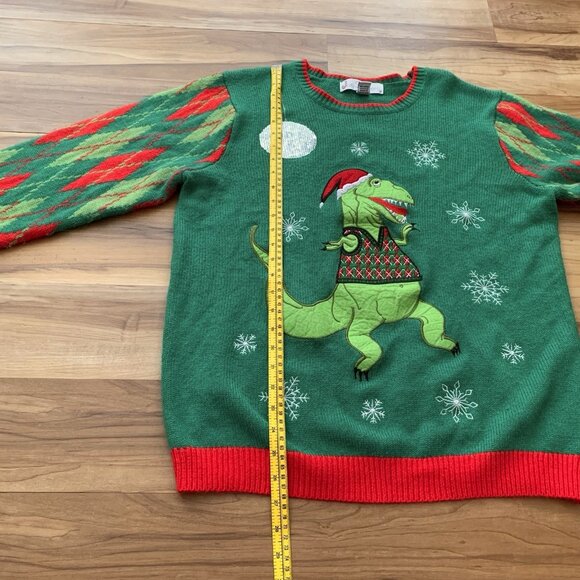 Jolly Sweaters Green Red T-Rex Dinosaur Christmas Sweater Argyle Men’s Large - Picture 5 of 11